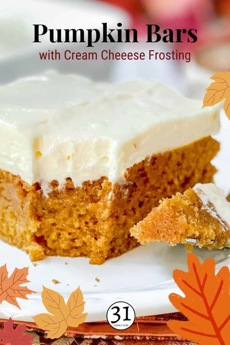 Pumpkin Bars with Cream Cheese Frosting is a classic fall dessert that's simple to make, soft, utterly delicious, and filled with warm spices. The velvety Cream Cheese Frosting makes these simple bars a standout favorite. Creamcheesefrosting Recipe, Best Pumpkin Bars, Simple Bars, Easy Pumpkin Bars, Pumpkin Bars With Cream Cheese, Classic Fall Desserts, Bars With Cream Cheese Frosting, Bars With Cream Cheese, Cheese Frosting Recipe