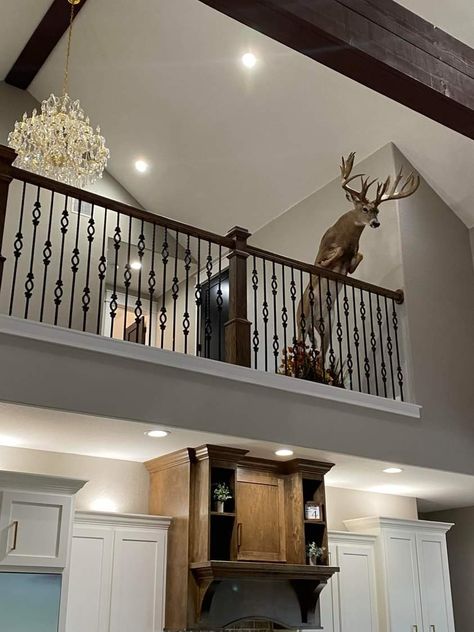 House With Deer Mounts, Multiple Deer Mount Wall Arrangement, Hunting Mounts Living Room, Deer On Wall Living Room, Mounts In Living Room Animal, Hunter Decor Rustic, Living Room Deer Mount Decor, Hunting Themed Living Room, Taxidermy Living Room