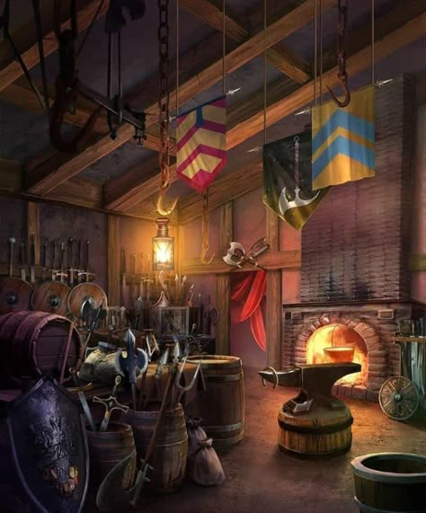 Fantasy Blacksmith Shop Concept Art, Blacksmith Shop Fantasy Art, Dnd Store Art, Blacksmith Shop Concept Art, Medieval Blacksmith Shop, Fantasy Shop Keeper, Blacksmith Workshop Concept Art, Blacksmith Forge Fantasy Art, Acnh Blacksmith