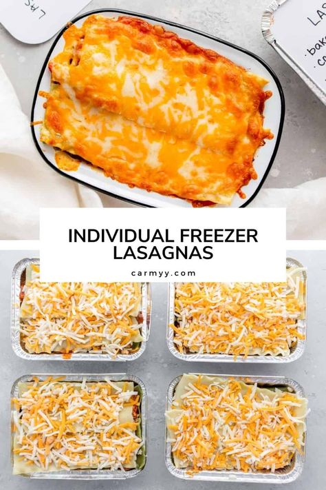 This classic lasagna filled with a meaty sauce and all the cheese is the perfect freezer friendly meal. This recipe makes for 6 Individual Freezer Lasagnas. | Lasagna for One | Mini Lasagnas | How To Make Freezer Lasagna Recipe Easy Individual Freezer Meals Make Ahead, Individual Lasagna Recipes, Freezer Lasagna Recipe, Hatch Recipes, Lasagna For One, Lasange Recipe, Individual Freezer Meals, Make Ahead Lasagna, Freezer Lasagna