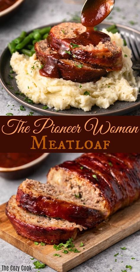 This Pioneer Woman Meatloaf Recipe is the best you'll ever try! The entire loaf is wrapped in bacon and baked to perfection, and it freezes well for future meals! | The Cozy Cook | #Meatloaf #ThePioneerWoman #Dinner #Mealprep #Beef Tasty Meatloaf Recipe, Meatloaf Recipes Pioneer Woman, Pioneer Woman Meatloaf, Delicious Meatloaf, Resepi Biskut, Crockpot Recipes Beef Stew, Good Meatloaf Recipe, Wrapped In Bacon, Diner Recept