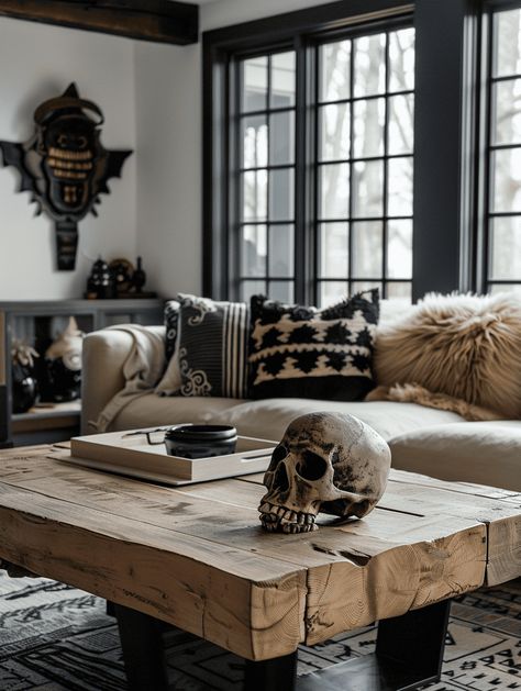 Western Gothic Living Room: Rustic Wooden Coffee Table Diy Western Coffee Table, White Goth Living Room, Dark Country Decor, Goth Farmhouse Living Room, Vintage Living Room Table, Cactus In Living Room, Gothic Coffee Table Decor, Yallternative Aesthetic Home, Western Goth Living Room