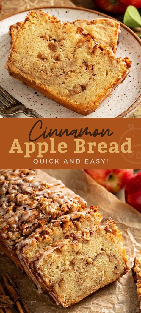 This moist and tender Cinnamon Apple Bread has a scrumptious swirl of brown sugar apples in the middle and a crisp top drizzled with light cinnamon glaze. This easy to make apple bread will become a favorite fall treat and one of the best quick breads you'll ever bake. #recipe #apples #autumn #baking #lemonblossoms #fallflavors Cinnamon Apple Bread, Holiday Breads, Bread Quick, Autumn Baking, Cinnamon Glaze, Fall Baking Recipes, Apple Recipes Easy, Sugar Apples, Apple Dessert Recipes