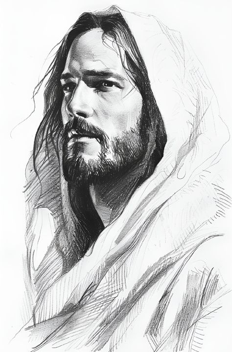 Preach God's word and follow Him! Dive into this stunning black and white pencil drawing of a bearded man with long hair, donning a hooded cloak. Reflect upon Luke 9:23, "Then he said to them all: 'Whoever wants to be my disciple must deny themselves and take up their cross daily and follow me.'" Save this divine artistry and follow for more inspirational Christian art! #JesusVerse #FaithArt #ChristianInspiration #BibleVerse #ArtWithPurpose #FollowJesus Hooded Cloak Drawing, Hooded Drawing, Christian Drawings Pencil, Jesus Christ Black And White, Jesus Pencil Drawing, Christian Drawing Ideas, Christian Drawings Inspiration, Jesus Drawings Sketches, Drawings Of Jesus