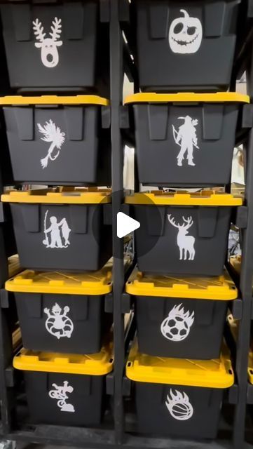 30K views · 1.3K likes | Jen Watson | Cleaning, Organizing, Home Tips & more. on Instagram: "How cool is this DIY garage bin storage rack made by @davidyakos that can hold 30 totes! 🤩 Instead of having to lift every bin to reach the others below it, each bin has its very own shelf.👌🏼  If you’re interested in more info like the supplies used, cut lists, or building plans, @davidyakos has them available for FREE download!🤗 He’s teamed up with a nonprofit that’s dedicated to ending homelessness so instead of the usual $5-$20 for plans, you will have the chance to make an optional donation before downloading the plans. 🥰♥️  Link to building plans. ⬇️  https://tinyurl.com/diy4good . . . . . . . . . . . . . . . . . . . . #garage #garageorganization #garageorganizing #garages #storagesolutio Black And Yellow Tote Storage Rack Diy, Garage Bin Organization, Storage Bin Rack Diy, Diy Tote Storage Rack, Garage Bin Storage, Bin Storage Rack, Storage Bin Shelves, Bin Rack, Easy Shelves