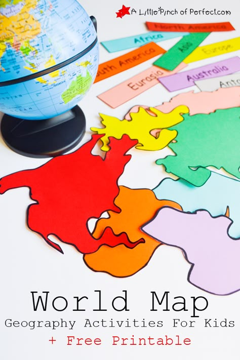 World Map Geography Activities For Kids + Free Printable | A Little Pinch of Perfect Geography Lessons Preschool, Map Of North America Printable, Continents Coloring Page Free Printable, Geography For Preschoolers, Countries Activities For Kids, Around The World Activities For Kids, Country Activities For Kids, World Coloring Page, Geography Themes