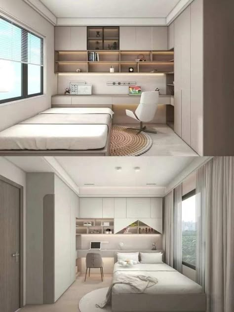 Bedroom 4x5 Design, Bedroom Storage Design, Narrow Bedrooms, 4x4 Room Design, Bedroom With Working Space, Rectangular Room Layout Bedrooms, Compact Bedroom Design, 3x3 Bedroom Ideas, Single Room Apartment