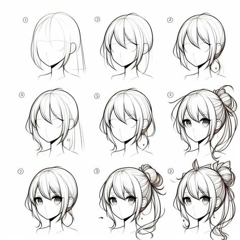 Hair Styles1 Step-by-step guide to drawing nine different anime hairstyles, showcasing diverse looks and styles. | Sky Rye Design Anime Hair 3/4 View, How To Draw Anime Hair Step By Step, Different Anime Hairstyles, Drawing Anime Head, Anime Character Design References, Practicing Anatomy, Easy Sketching, Sketching Skills, Human Body Drawing