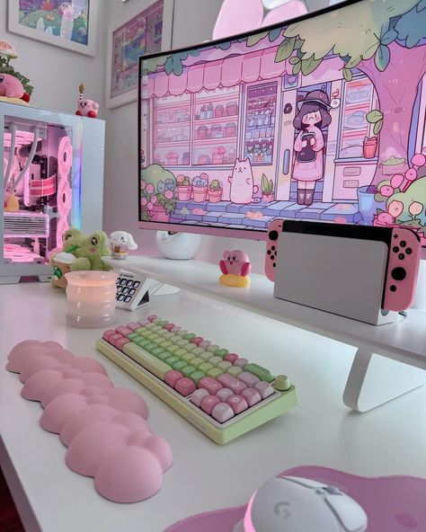 Cute Gaming Desk Setup, Pink And Green Gaming Setup, Gameing Set Up, Pink And White Gaming Setup, Pink Gaming Setup Aesthetic, Cute Gaming Room, Cute Pc Build, Gaming Set Up, Pretty Room Ideas