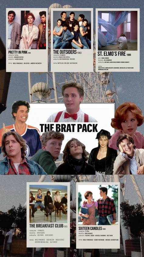 from left to right the actors are Rob Lowe, Judd Nelson, Anthony Michael Hall, Ally Sheedy, Demi Moore, Andrew McCarthy, Molly Ringwald, and Emilio Estevez is on top,because he was the unspoken president of the brat pack. 80s Movie Characters, Random Profile, John Hughes Movies, 90s Films, 80s Actors, Ferris Bueller's Day Off, The Outsiders 1983, Brat Pack, Actors Funny