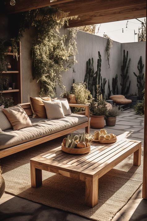 Desert Balcony Ideas, Deck Inspo Outdoor Spaces, Desert Oasis Backyard, Relaxing Backyard, Boho Patio, Small Patio Garden, Boho Outdoor, Backyard Spaces, Outdoor Oasis