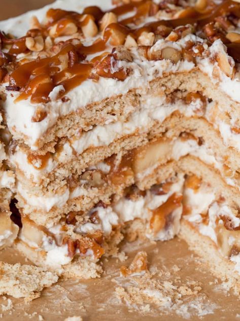 Banana Graham Cracker, Caramel Icebox Cake, Dessert Night, Ice Box Cakes, Banana And Peanut Butter, Bake Banana, Icebox Cakes, Peanut Butter Caramel, Banana Caramel