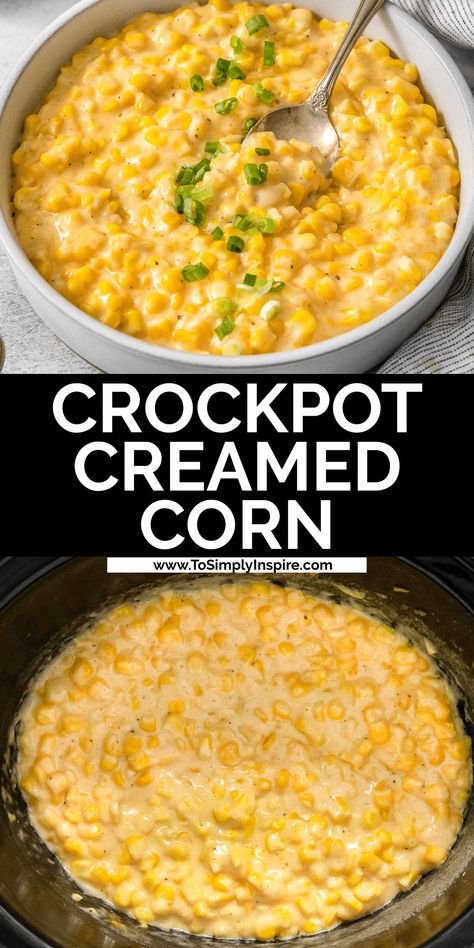 This cheesy crockpot creamed corn combines simple ingredients of cheddar cheese, cream and corn all slow cooked to perfection. It's a perfect side dish that will easily become a family favorite at holiday gatherings. Crockpot Creamed Corn, Cream Corn Recipe Crock Pot, To Simply Inspire, Slow Cooker Creamed Corn, Corn Side Dish, Creamed Corn Recipes, The Slow Roasted Italian, Corn Recipe, Easy Slow Cooker Recipes