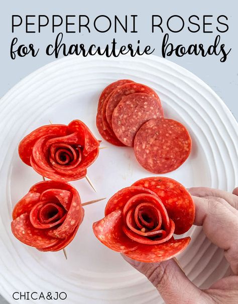 Easily make pepperoni roses to include in a charcuterie board. How To Make Roses Out Of Pepperoni, Kentucky Charcuterie Board, Rose Out Of Pepperoni, Pepperoni For Charcuterie, How To Make A Rose Out Of Pepperoni, Charcuterie Board Pepperoni Rose, Charcuterie Pepperoni Rose, How To Make Charcuterie Roses, Peperoni Rose Charcuterie