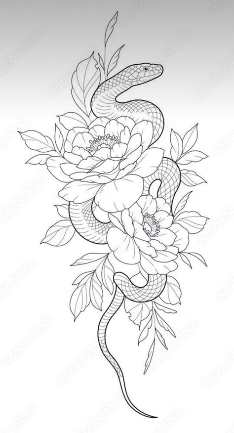 Snake Flower Back Tattoo, Snake Tattoo Designs For Women, Snake And Poppy Tattoo, Boho Rose Tattoo, Snake In Flowers Tattoo, Snake Shoulder Tattoo Women, Snake Mandala Tattoo, Snake Flower Tattoo Design, Snake And Flowers Tattoo Design