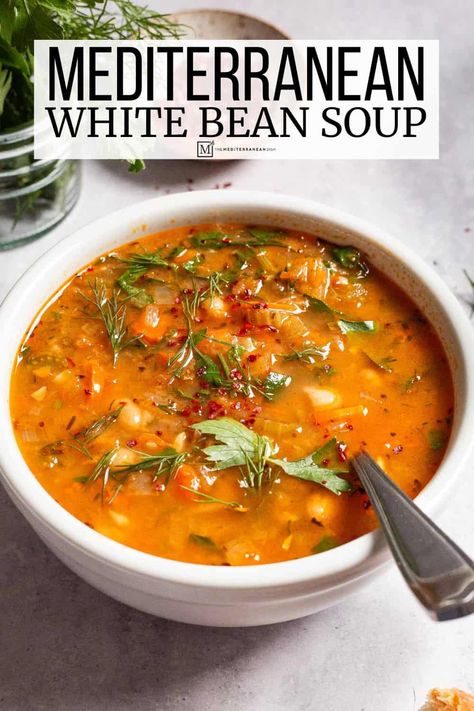 Mediterranean Chicken And White Bean Soup, My Soup Recipes, Mediterranean Recipes Dairy Free, One Pot Beans, Cooking With Beans Healthy, White Bean Chicken Soup Recipes, White Bean Healthy Recipes, White Bean Crockpot Soup, Fresh Mediterranean Recipes