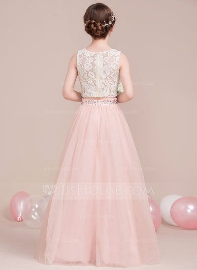 A-Line/Princess Scoop Neck Floor-Length Tulle Junior Bridesmaid Dress With Beading (009106853) - JJ's House Bridesmaid Dresses Dusty Sage, Second Wedding Dresses, Kids Dress Patterns, Junior Bridesmaid Dress, Indian Bridal Dress, Pearl Pink, Fancy Dress For Kids, Pageant Gowns, Engagement Dresses