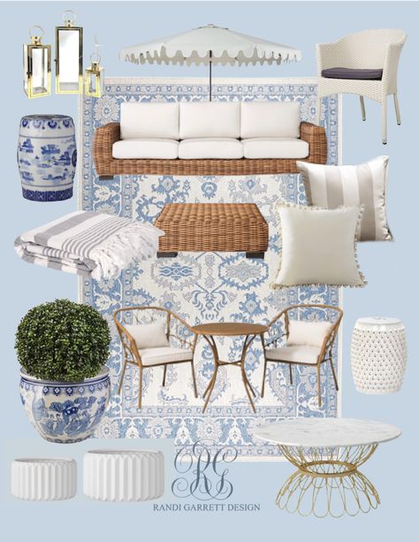 Outdoor Screen Patio Ideas, Light Blue Outdoor Furniture, Blue House Backyard, Southern Living Outdoor Patio, Blue And White Backyard Decor, How To Style A Patio Outdoor, Patio Decorating Ideas With Pool, Blue And White Patio Furniture, Light Blue Patio Decor