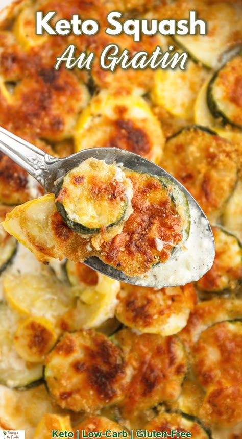 A squash au gratin casserole dish with a spoonful of creamy cheesy zucchini coming out of the dish. Au Gratin Squash, Thm Side Dishes Simple, Keto Squash Au Gratin, Keto Zucchini Gratin, Squash Casserole Keto Friendly, Keto Summer Squash Casserole, Veggie Side Dishes For Diabetics, Sides Dishes Low Carb, Vegetable Side Dishes Keto