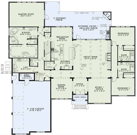 Main level floor plan of a 4-bedroom single-story European home with foyer, dining room, study, great room, kitchen, breakfast nook, three bedrooms, laundry, and mudroom that opens to the garage. Kitchen With Breakfast Nook Floor Plan, Kitchen Nook Floor Plans, Breakfast Nook House Plan, Outdoor Living Kitchen, Stone Porches, Bath Bench, Foyer Dining Room, Fireplace Cover, European Style Homes