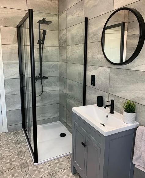 Modern Grey & Black Bathroom From @ourxoxohome Small En Suite Colour Schemes, Bathroom Grey Tiles Black Accessories, Shower Room With Black Fittings, Bathroom Ideas Black Taps, Grey Shower Room Ideas, Grey Bathroom Black Accessories, Bathroom Shower Enclosure Ideas, Bathroom Ideas Uk Modern, Black Tap Bathroom