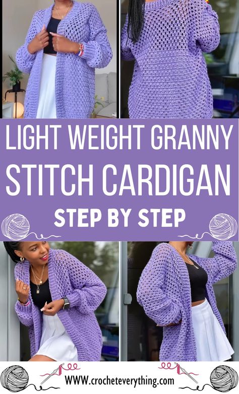 Crochet Light Weight Granny Stitch Cardigan Lightweight Yarn Crochet Patterns Free, Easy Beginner Crochet Cardigan, Lightweight Crochet Cardigan Pattern, Crochet Lightweight Cardigan, Crochet Vest Cardigan, Cardigan Crochet Ideas, One Piece Crochet Cardigan, Granny Stitch Cardigan Pattern Free, Light Crochet Cardigan