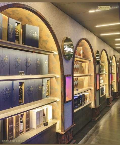 Arched Retail Display, Cloth Store Interior, Perfume Showroom, Cloth Showroom, Lights Showroom, Wall Showcase Design, Wine Shop Interior, Wall Showcase, Mobile Shop Design