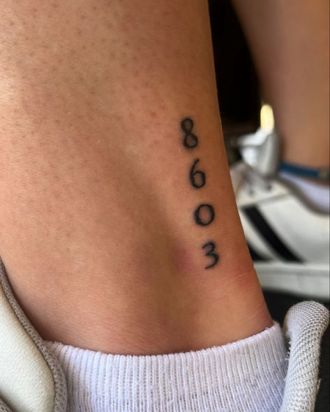 Small number tattoo. Its actually two area codes that happen to lap over Phone Number Tattoo, Vertical Number Tattoo, Apartment Number Tattoo, Postcode Tattoo, Ankle Number Tattoo, House Number Tattoo, Address Tattoo Ideas, Vertical Ankle Tattoo, Address Tattoo