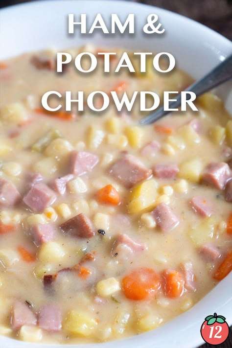 Ham and Potato Chowder | 12 Tomatoes Ham Chowder Soup, Ham And Potato Chowder, Betty Crocker Scalloped Potatoes, Potato Chowder Soup, Protein Puppy Chow, Potato Chowder Recipes, Ham Chowder, Mushroom Bisque, Soup With Ham