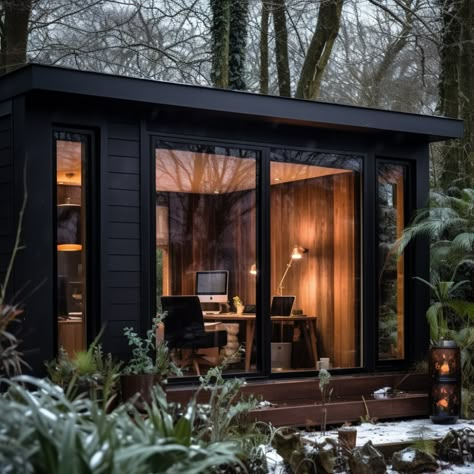 Looking for inspiration for a modern, stylish comfortable and productive garden office? Check out this AI-powered design; all our ideas are fully buildable, based on our tried & tested designs - see our website portfolio for finished builds. ⁠ #intothegardenroom #homeoffice #gardenoffice Garden Room Black, Backyard Shed Office Ideas, Modern Garden Rooms Uk, Black Garden Room, Garden Room Office, Small Garden Office Ideas, Garden Room Interiors Ideas, Outside Office Ideas, Garden Office Ideas Interiors