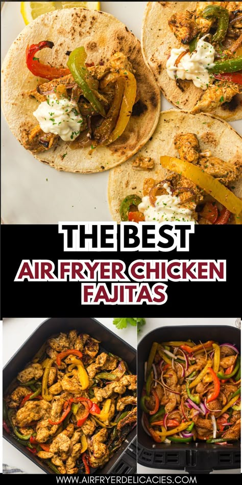 Healthy air fryer chicken fajitas with colorful vegetables on a white plate. Air Fry Fajitas, Fajita Air Fryer Recipes, Chicken Fajitas In Air Fryer, Air Fryer Chicken Fajita Recipe, Air Fryer Fajita Chicken, Air Fryer Mexican Chicken, Chicken Fajitas Air Fryer, Fajitas In Air Fryer, Air Fryer Chicken Tacos