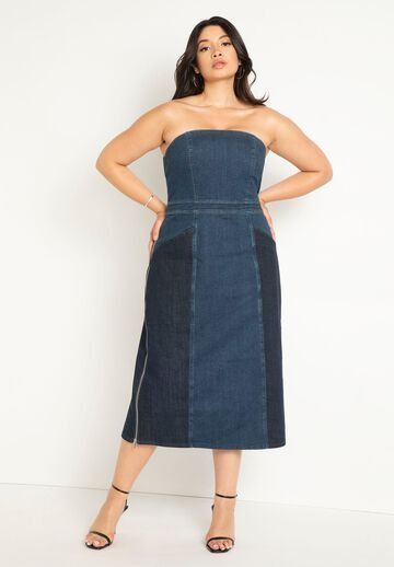 Strapless Denim Dress, MEDIUM WASH Denim Dress Plus Size, Plus Size Denim Dress, Denim Patchwork Dress, 2023 Back To School, Strapless Denim Dress, Y2k Outfits, Swimsuits For All, Patchwork Dress, Denim Patchwork