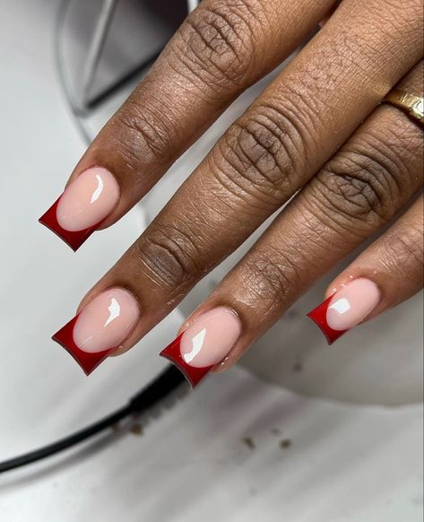 Short Red Nails, Short French Nails, Short French Tip Nails, Long Red Nails, Red Acrylic Nails, Red French, Glamour Nails, Girly Acrylic Nails, French Tip Acrylic Nails