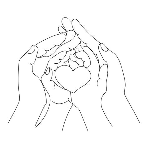 Little baby hands with heart in adult parental hands of mom and dad,One line art drawing Minimal design vector illustration.Happy family,care,child protection concept. Family Of 4 Drawing, Mom Line Art, Baby Hand Tattoo, Parents Drawing, Family Line Drawing, Parent And Child Drawing Reference, Protection Illustration, Family Drawing Illustration, Mains Couple