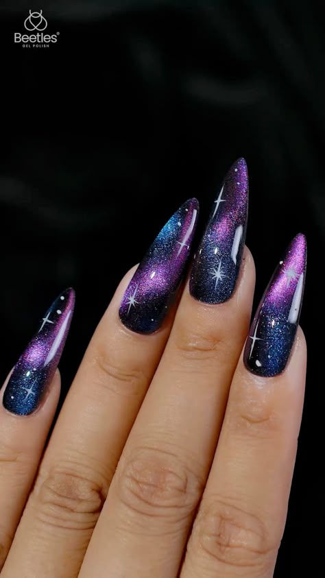 Beetles Gel Nail Polish 36 Colors Cat Eye Gel Polish Set Nail Polish Art Designs, Shiny Nails Designs, Cat Eye Nails Polish, Eye Nail Art, Space Nails, Cat Eye Gel Polish, 2024 Nails, Purple Nail Designs, Galaxy Nails