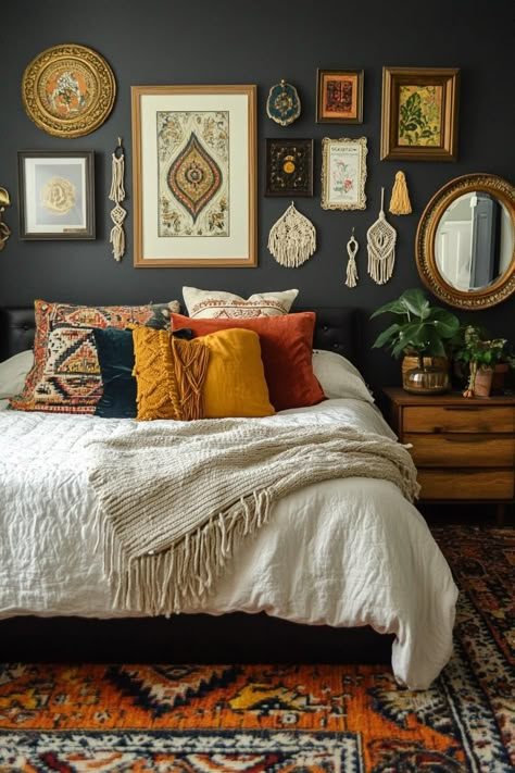 15 Unique Dark Boho Bedroom Inspirations Dark Eclectic Bedroom Ideas, Indy Style Bedroom, Bedroom Ideas Pops Of Color, Boho Dark Wood Bedroom, Moody Maximalist Bedroom Decor, Dark And Moody Decor Interior Design, Boho Dark Academia Bedroom, Boho Chic Aesthetic Room, Cozy Artsy Bedroom