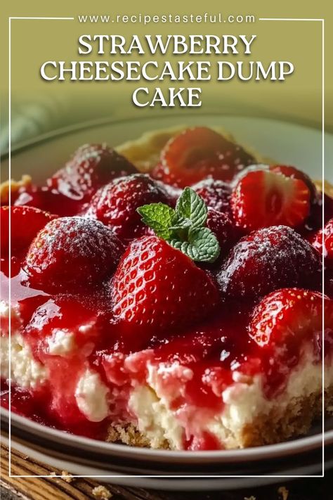 A super easy, decadent dessert with layers of strawberry pie filling and cheesecake flavors! This simple dump cake is a perfect dessert for any occasion, combining the richness of cheesecake with the sweetness of strawberries. Strawberry Filling Cake Recipe, Strawberry Cream Cheese Dump Cake Recipe, Strawberry Cheese Dump Cake, Dump Cheesecake Recipes, Strawberry Dump Cheesecake, Strawberry Cheesecake Dump Cake Recipes, Dump And Bake Recipes, Strawberry Cheesecake Dump Cake, Strawberry Cheesecake Dump