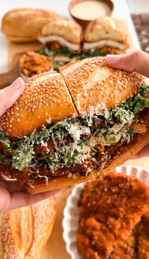 Chicken Cutlet Kale Caesar Sandwich | Moribyan Kale Sandwich Recipes, Kale Chicken Caesar Wrap, Ceaser Chicken Salad Sandwich, Best Summer Sandwiches, Chicken Cesar Cutlet, Best Sandwich Ideas, Chicken Cutlet Sandwich Recipes, Chicken Grinder Sandwich, Chicken Sandwich Toppings