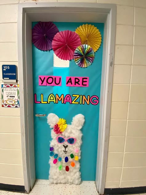 Fiesta Door Decorations Classroom, Peru Decorations Ideas, Llama Classroom Door Ideas, Llama Door Decorations Classroom, Llama Bulletin Board Ideas, Llama Bulletin Board, Spanish Classroom Door, Llama Classroom, Llama Classroom Decor