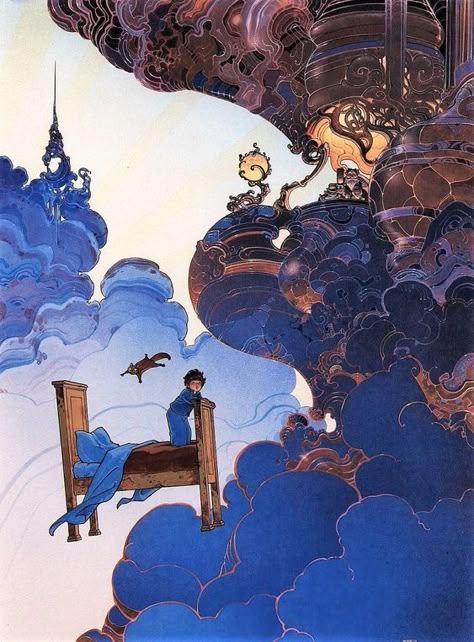 Moebius' concept art for Hayao Miyazaki’s unrealized animated version of ‘Little Nemo in Slumberland’ (1980s) Little Nemo In Slumberland, Jean Giraud Moebius, Moebius Art, 동화 삽화, Jean Giraud, Graphisches Design, Bd Comics, Hayao Miyazaki, 판타지 아트