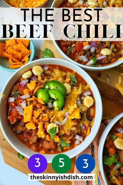 Best Beef Chili, Ground Beef Stew, Traditional Chili Recipe, Weight Watchers Chili, Skinnyish Dish, Ground Beef Beans, Chili Bar, Recipes Using Ground Beef, Ground Beef Chili