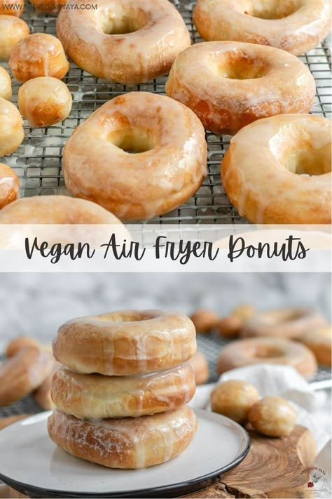 Satisfy your sweet tooth with these vegan air fryer yeast donuts. They're incredibly easy to make and only take 5 minutes in the air fryer! These donuts are perfect for a sweet snack or dessert. If you love plant based desserts and air fried treats, you'll love these vegan air fryer donuts. Serve with glaze, chocolate glaze, powdered sugar and more. Vegan Mini Cinnamon Rolls, Vegan Donuts Air Fryer, Crescent Roll Donuts Air Fryer, Air Fryer Mini Donut Recipes, Loving It Vegan, Vegan Air Fryer Donut Recipes, Vegan Air Fryer Meals, Healthy Vegan Sweet Snacks, Gluten Free Air Fryer Donut Recipes