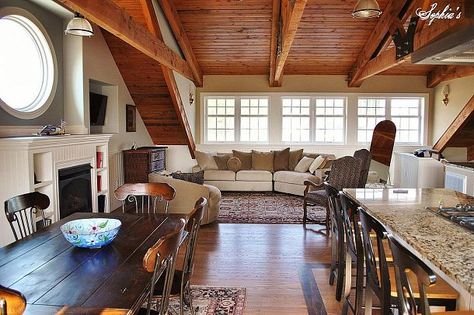 Perfect open flow and nice materials; love range in the granite, three windows in back and the wood ceiling. Barn Living Quarters, Barn Loft Apartment, Above Garage Apartment, Barn With Living Quarters, Barn Apartment, Barn Loft, Building A Barn Door, In-law Apartment, Garage Loft