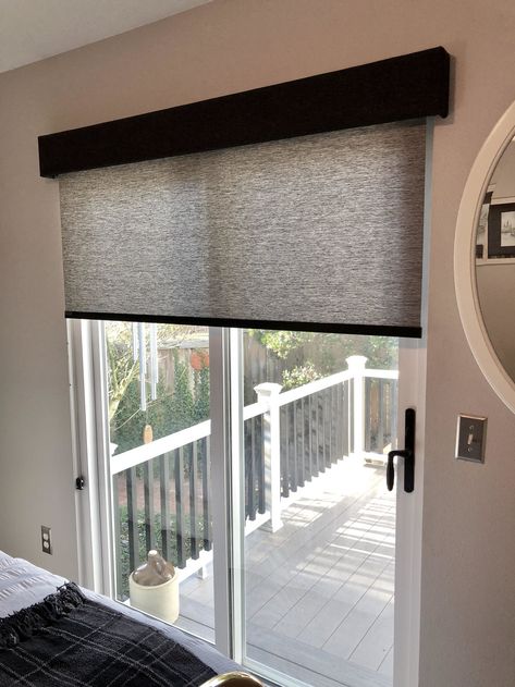 A beautiful black roller shade we recently installed! Roller Blind For Door, Shades For Slider Doors, Window Well Window Treatments, Curtains For Kitchen Sliding Door, Patio Door Window Blinds, Pull Down Shades Window Treatments, Window Treatments For Patio Doors Sliders, Sliding Window Bedroom, Back Door Covering Ideas