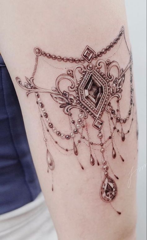 Back Jewelry Tattoo, Thigh Jewelry Tattoo, Tattoos That Look Like Jewelry, Lace Jewel Tattoo, Black And Gray Jewel Tattoo, Jewelry Tattoo Designs Arm, Vintage Jewelry Tattoo, Necklace Tattoos Women, Chandelier Tattoos For Women Arm