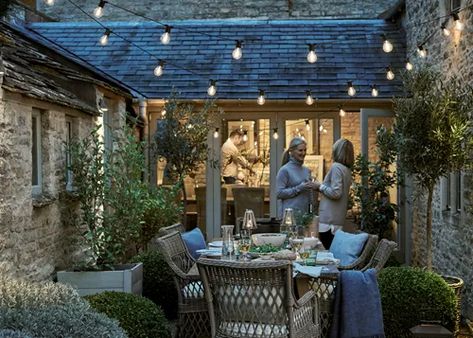 Festoon Lights, Patio Interior, Lights Christmas, Festoon Lighting, Garden Sofa, Courtyard Garden, Garden Cottage, Outdoor Dining Area, Sandbox