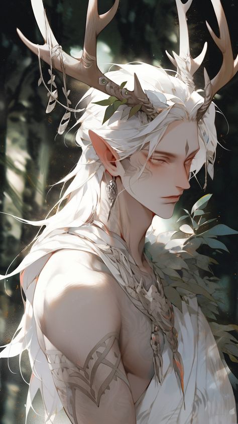 Deer Man Art, Half Deer Half Human, Elf With Antlers, High Elf Art, Male Faerie Art, Elf Vibe, Deer Hybrid Human, Man With Antlers, Deer Character Design