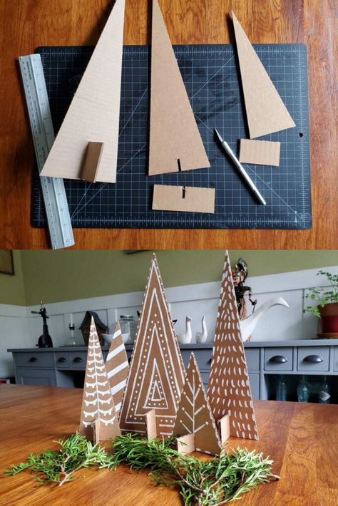 25 Best cardboard Christmas decorations & crafts ideas such as easy DIY Xmas trees, ornaments, wreaths, fireplace, gingerbread houses, winter village, snowman, etc! - A Piece of Rainbow, holiday crafts for kids, advent calendar, garland, handmade, gifts, gift tags, modern, farmhouse, boho, Scandinavian, vintage, budget decor, dollar store, Anthropologie style, wall decor Holiday Craft Projects, Cardboard Trees Diy, Dig Christmas Decoration, Diy Craft For Christmas, Diy Trees For Christmas Village, Diy Scandinavian Christmas Decor, Christmas Decorations From Cardboard, Cardboard Gingerbread House Garland Diy, Boho Christmas Garland Diy