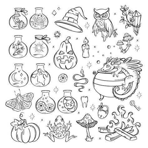 Vector halloween witchcraft monochrome s... | Premium Vector #Freepik #vector #alchemy #witchcraft #occult #cauldron Objects Sketch, Halloween Witchcraft, Halloween Doodles, Tattoo Filler, Flower Line Drawings, Drawing Ideas List, Magical Accessories, Occult Symbols, Bullet Journal Lettering Ideas