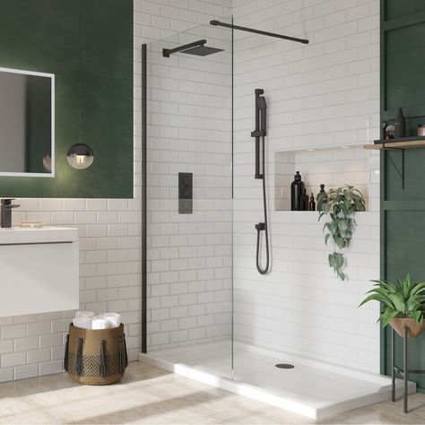 Dark Green Bathroom White Tiles, Black Showers, Small Ensuite, Water Saving Shower Head, Walk In Shower Enclosures, Bathroom Oasis, Perfect Bathroom, Shower Panel, Shower Fittings